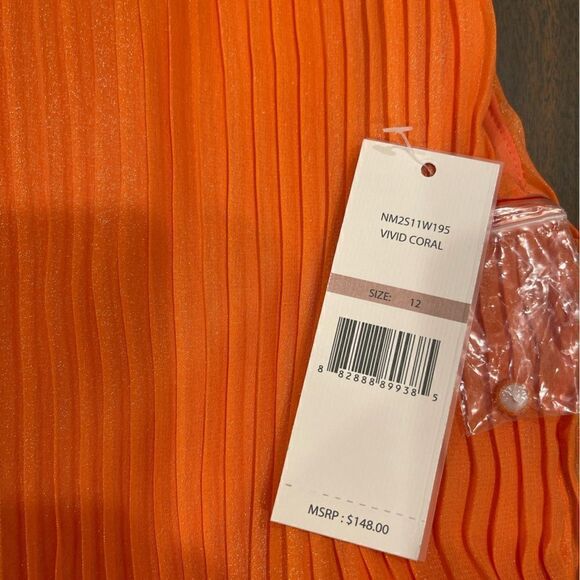 Nanette Lepore Smocked High Neck Pleated Dress in Vivid Coral.Size 12 - Picture 13 of 15